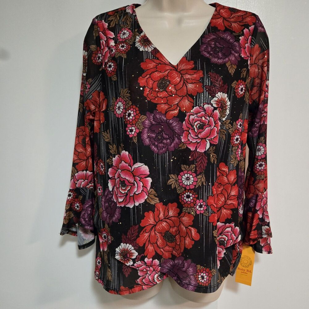 Ruby Rd Petite Size PS Black Floral Poly Blend Boho Layered Hi-Lo Top NEW